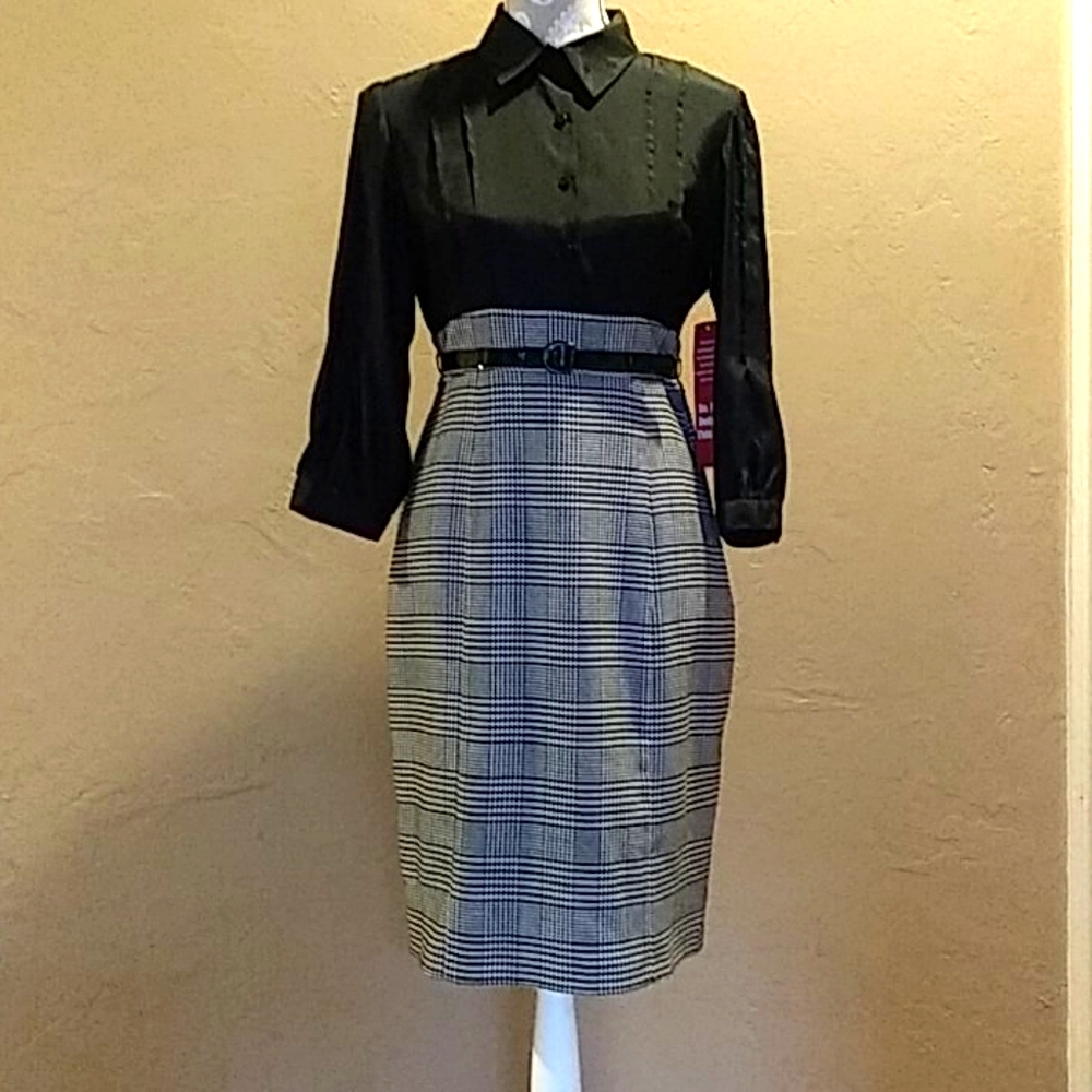 Black long sleeve, belted dress, size 10 petite